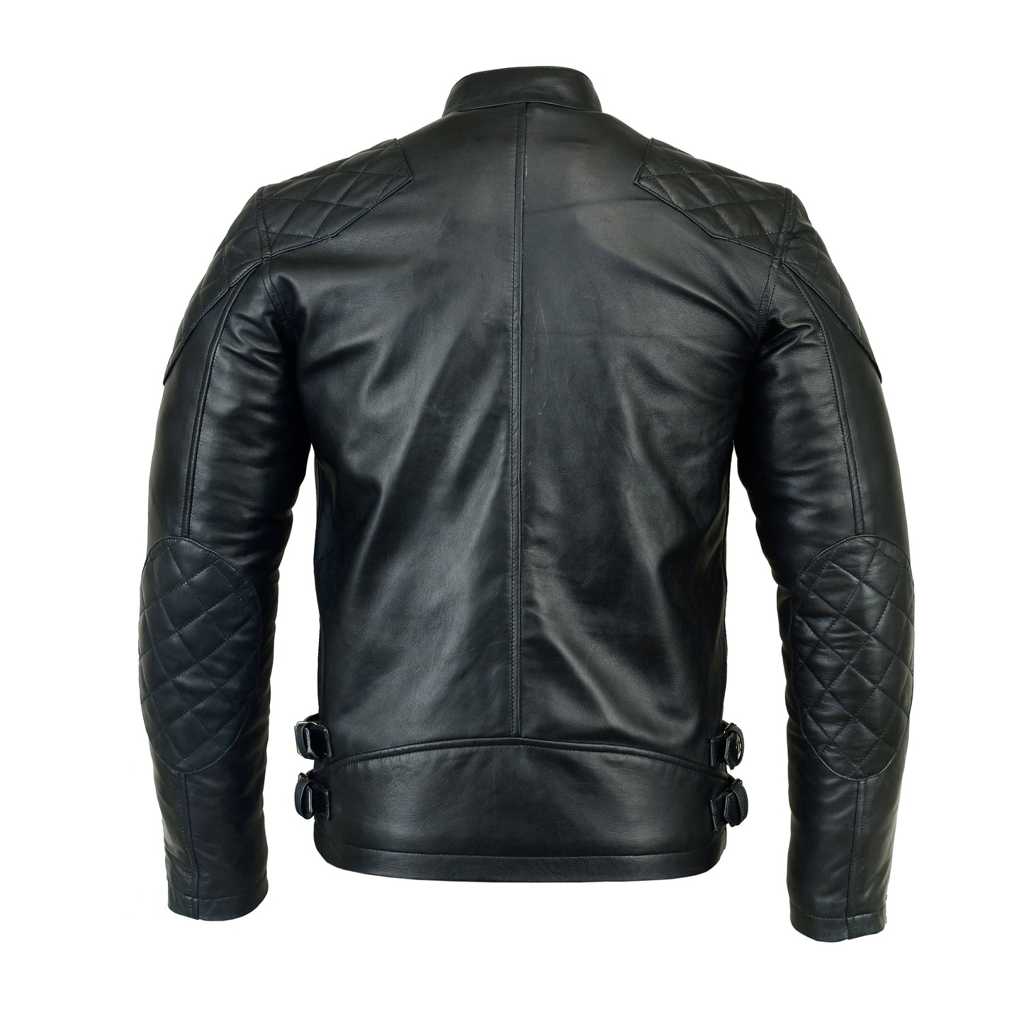 Backside of café racer men's real leather jacket in black colour