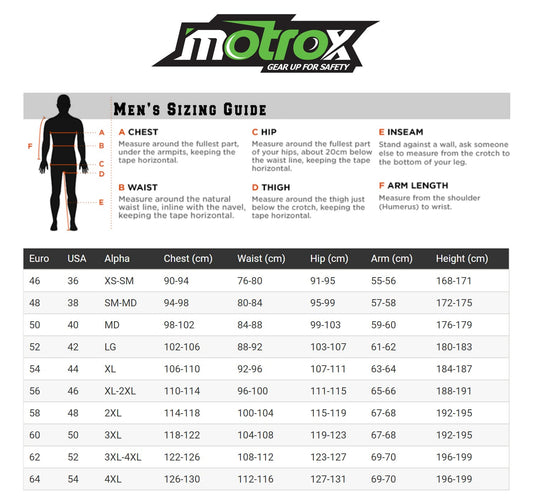 motrox men textile jacket size guide