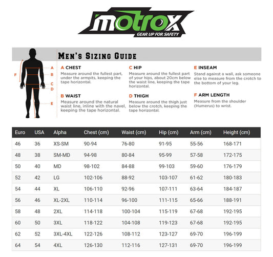 motrox men textile jacket size guide