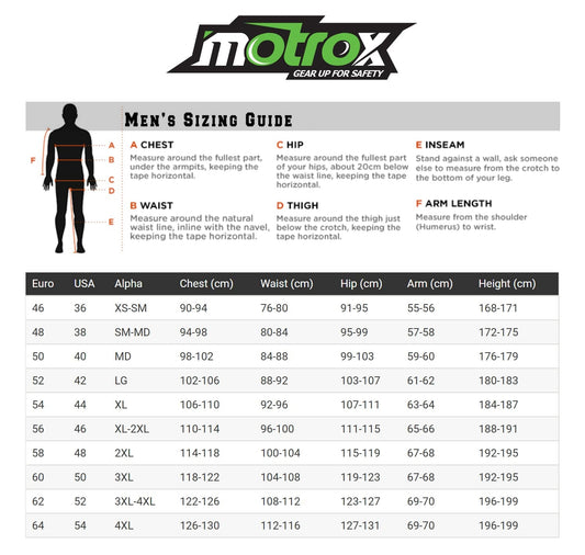 motrox men textile jacket size guide