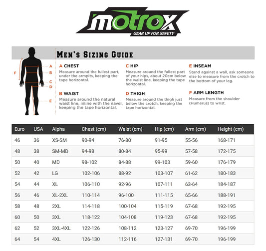 motrox men textile jacket size guide