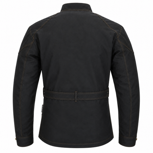 A black long-sleeve jacket with a belted waist and contrast stitching, shown from the back on a white background.