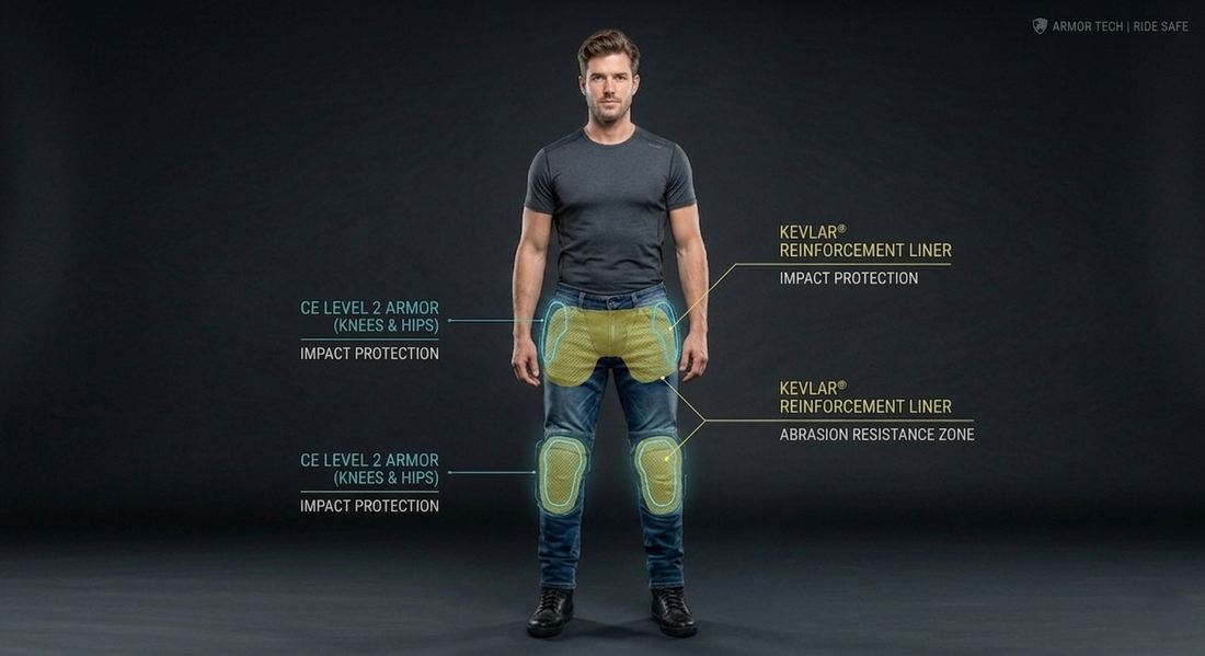 X-ray view of Motrox Kevlar motorcycle jeans showing CE armour and Kevlar panel placement at the impact zones