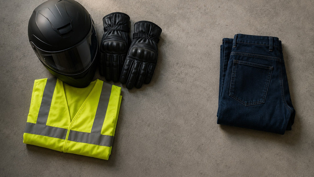 A motorcycle helmet, gloves and a high-visibility vest arranged together in a group, with a folded pair of denim jeans placed separately alongside them.
