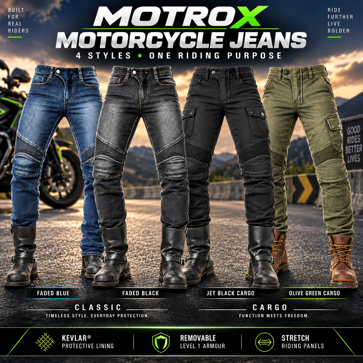 Men's Kevlar Motorcycle Jeans – Stockman, all four colours: Black, Blue, Jet Black, Olive Green