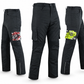 Black cargo pants with colorful patch designs on a white background
