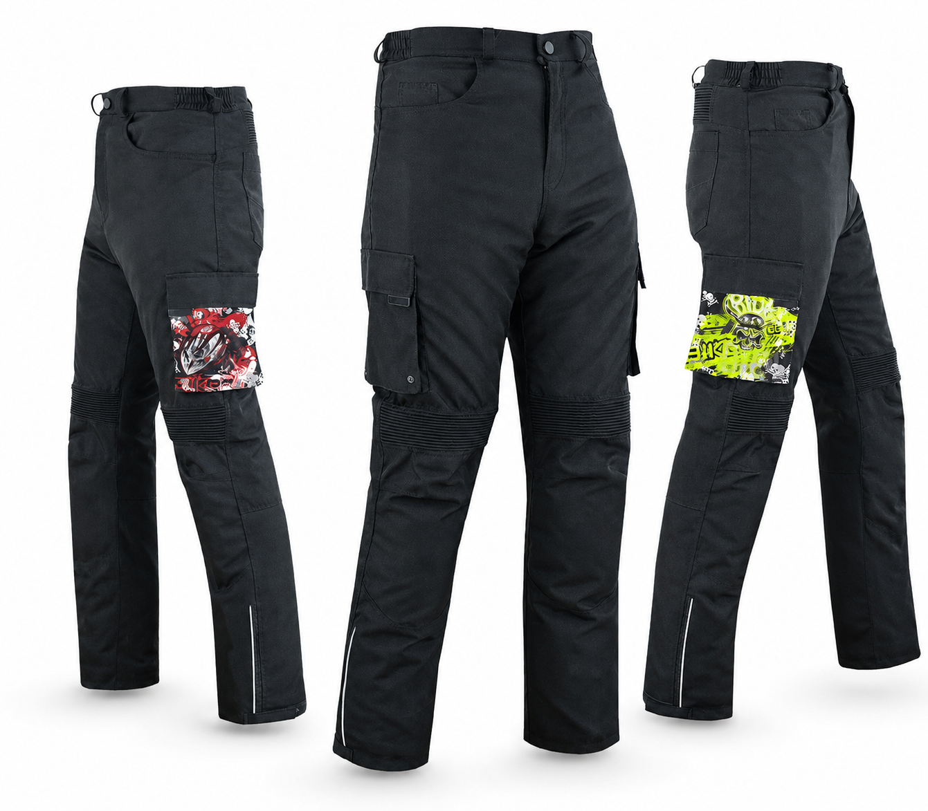 Black cargo pants with colorful patch designs on a white background
