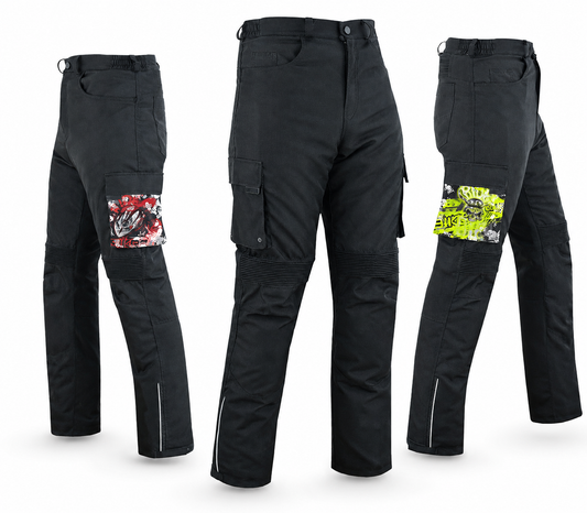 Black cargo pants with colorful patch designs on a white background