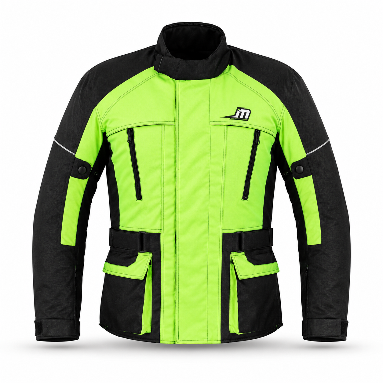 Black and neon green motorcycle jacket on a white background