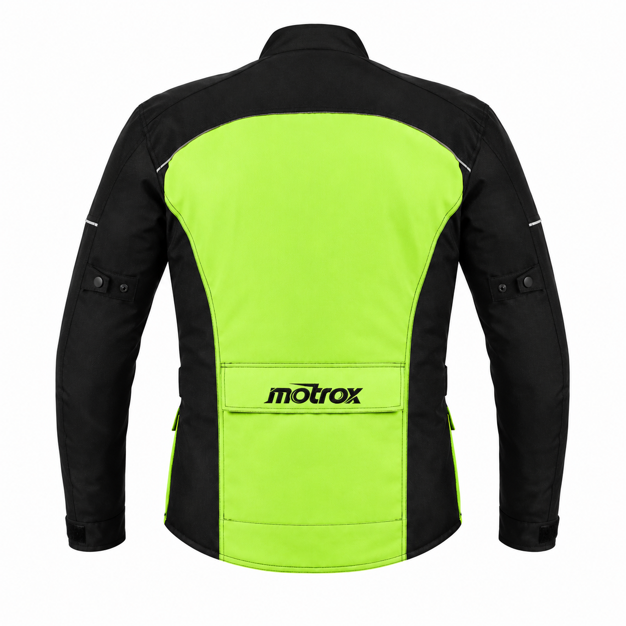 Black and green motrox motorcycle jacket on a white background