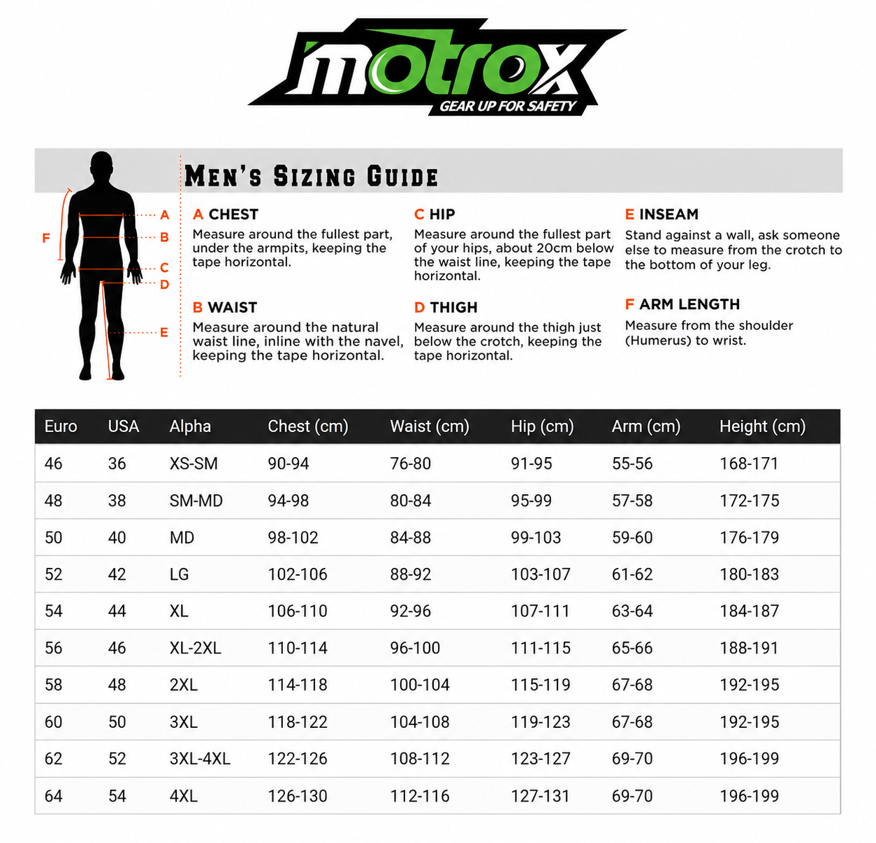 Motrox men's sizing guide chart for clothing