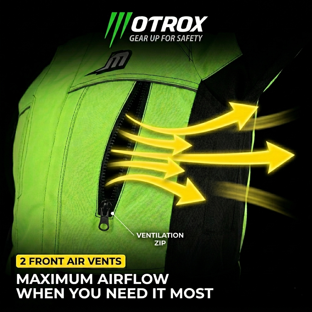 Green safety vest with ventilation system highlighted, featuring OTROX branding.