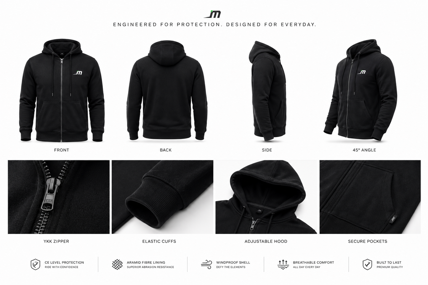 The Guardian kevlar motorcycle hoodie shown from every angle with construction details