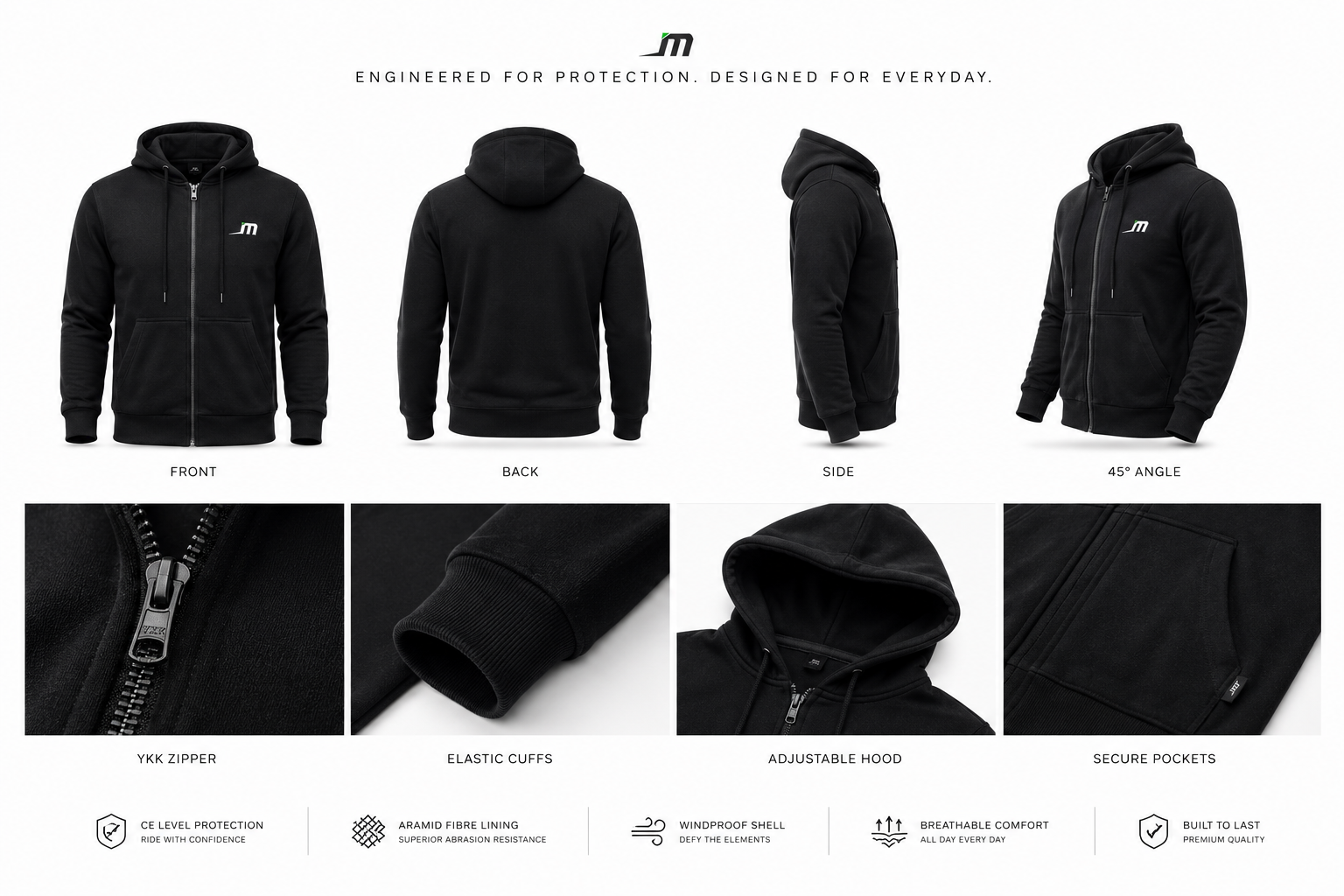 The Guardian kevlar motorcycle hoodie shown from every angle with construction details