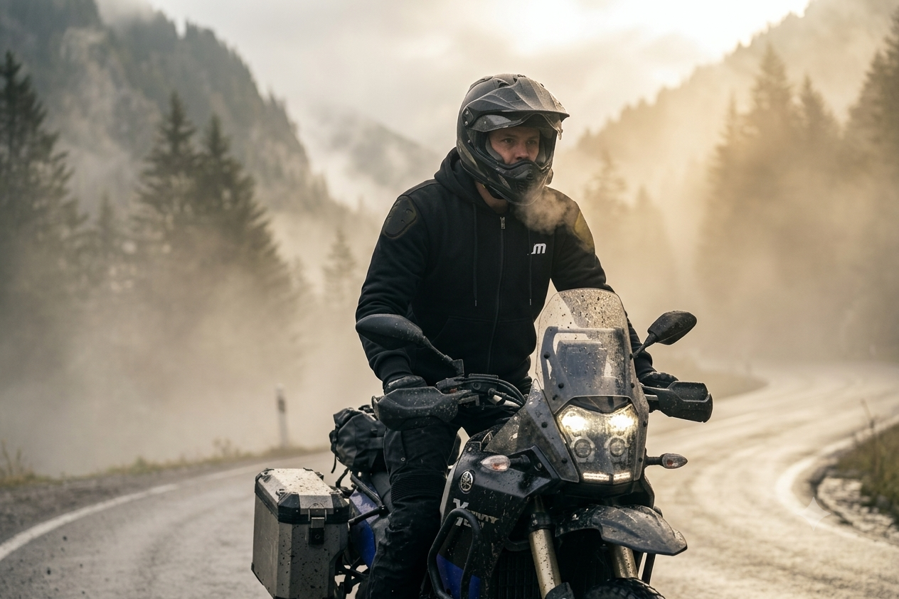 Touring rider wearing the Guardian armoured motorcycle hoodie on an adventure bike
