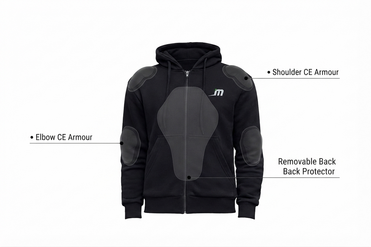 CE armour and protection layout diagram for Men's Kevlar Motorcycle Hoodie with CE Armour – Guardian (3)