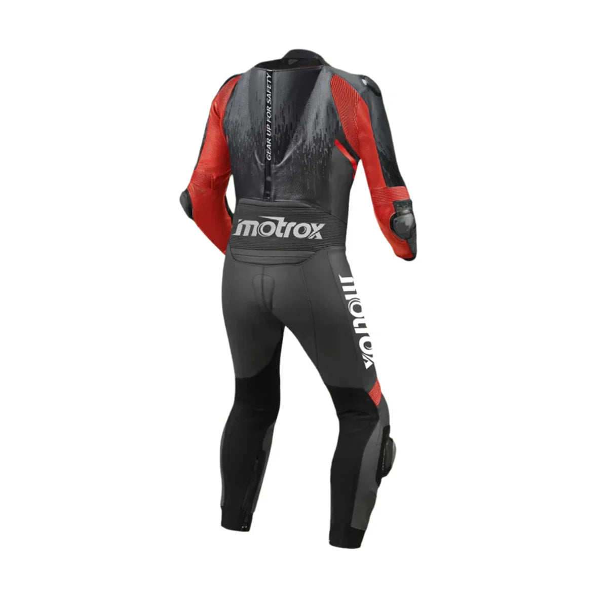 Backside of Motorbike leather racing suit in black & red colour