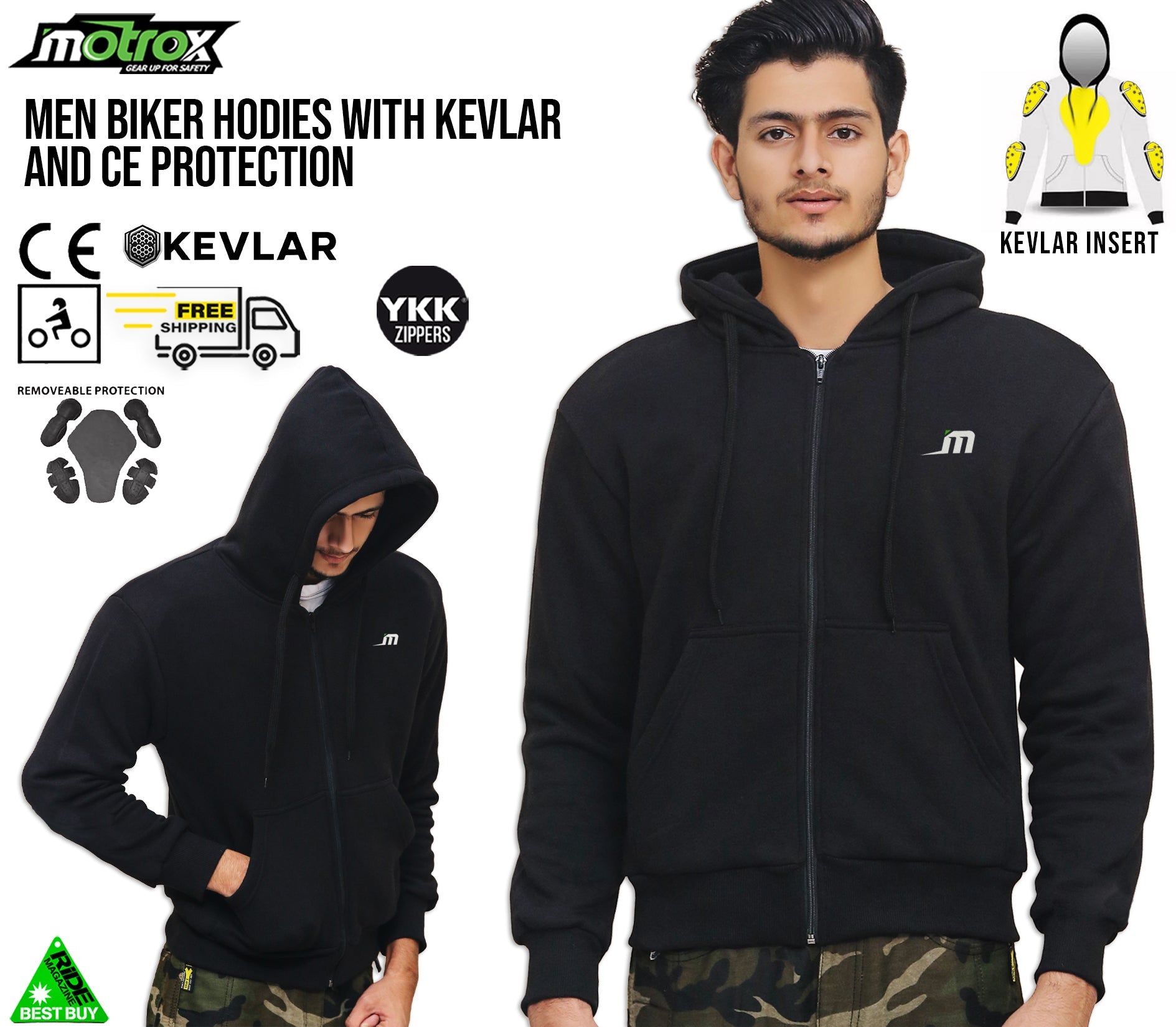  Motorcycle armoured Kevlar hoodie for men in black colour 