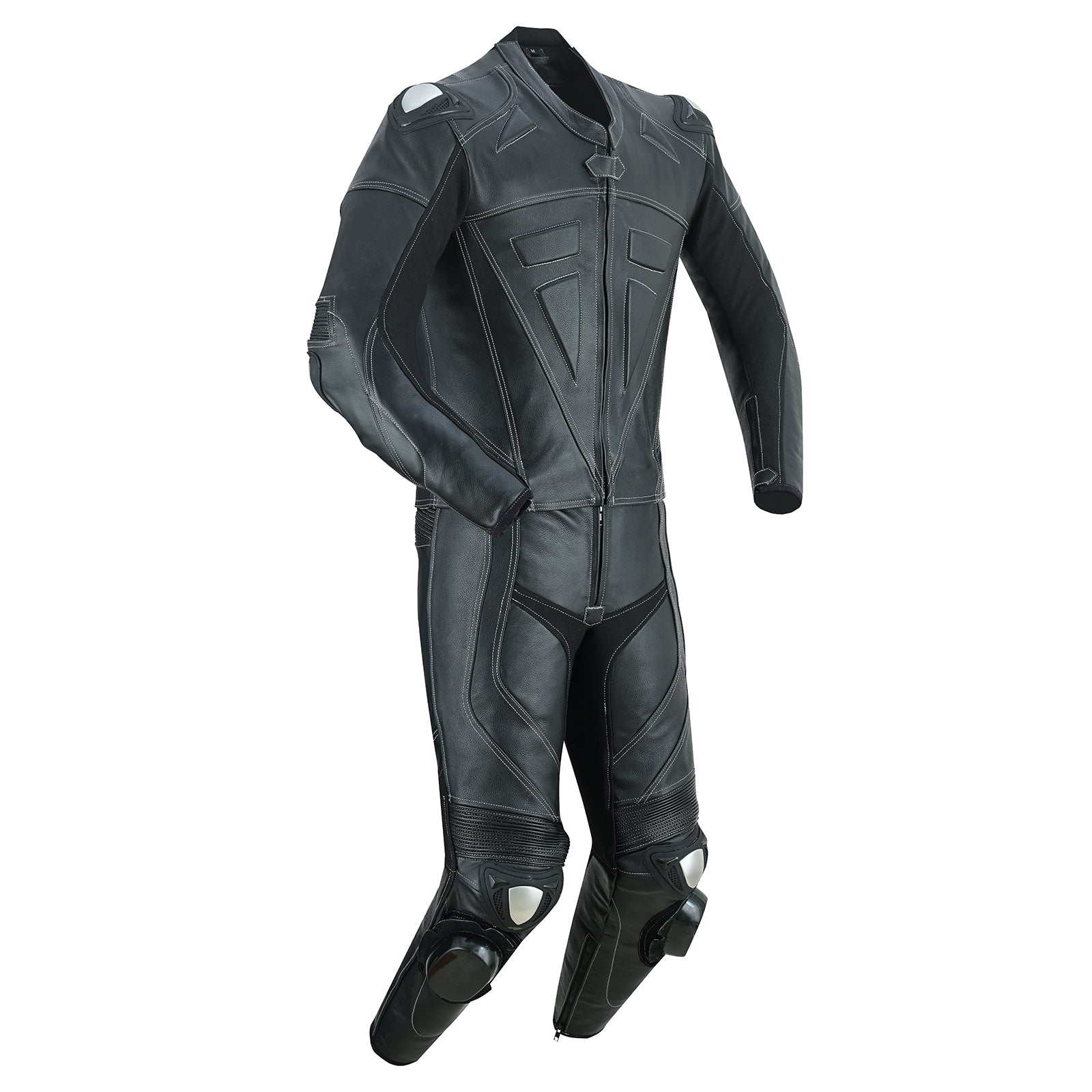 Side view of Motrox mens 2 piece leather Motorbike racing suit in jet black colour 
