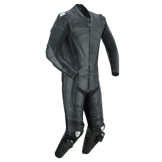 Side view of Motrox mens 2 piece leather Motorbike racing suit in jet black colour 