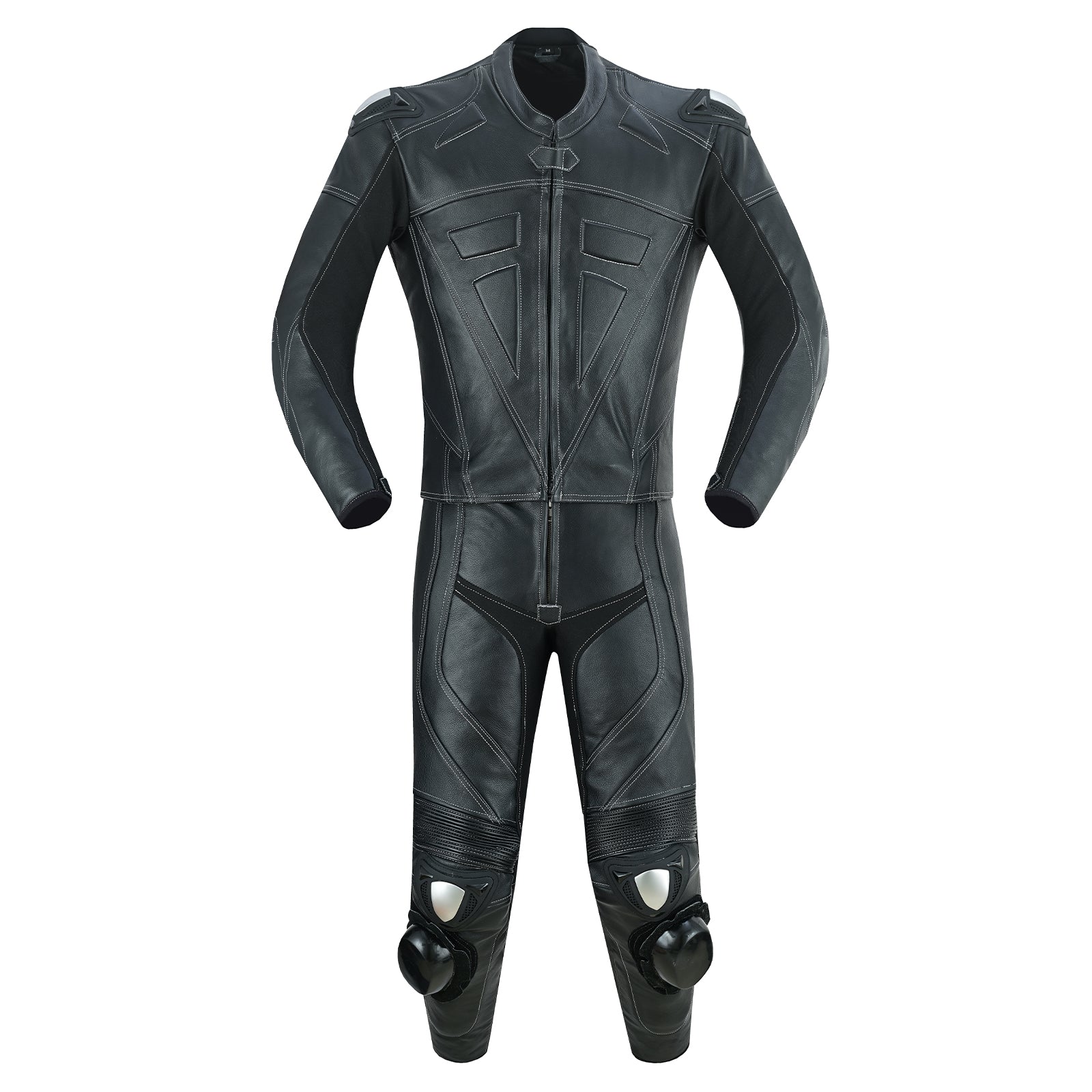 Motrox mens 2 piece leather Motorbike racing suit in jet black colour 