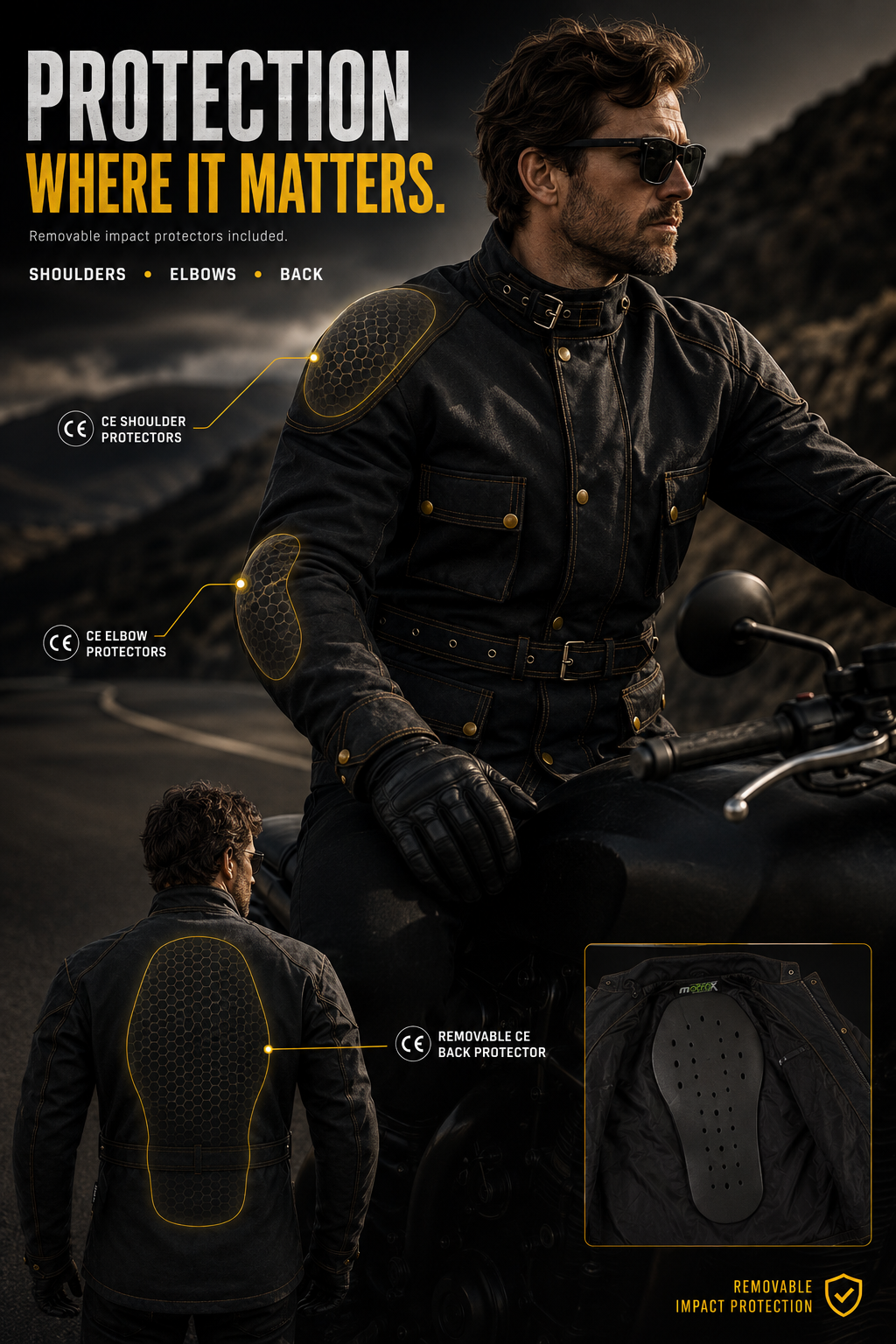 A man wearing a black motorcycle jacket with integrated protective armor pads, shown riding outdoors with callout lines highlighting shoulder, elbow, and back protection areas. The image includes marketing text and a small inset close-up of the back protector design.