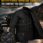A black motorcycle jacket with gold contrast stitching and brass-tone snaps, shown open to reveal a quilted interior. Large marketing text at the top reads 'REMOVABLE QUILTED LINING.