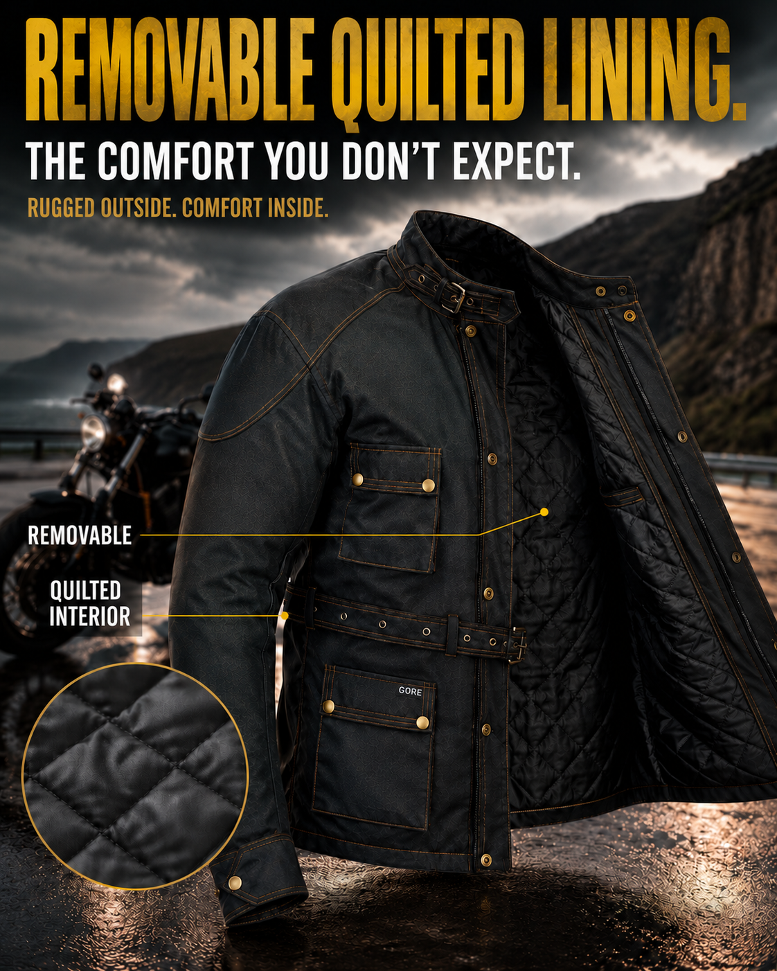 A black motorcycle jacket with gold contrast stitching and brass-tone snaps, shown open to reveal a quilted interior. Large marketing text at the top reads 'REMOVABLE QUILTED LINING.