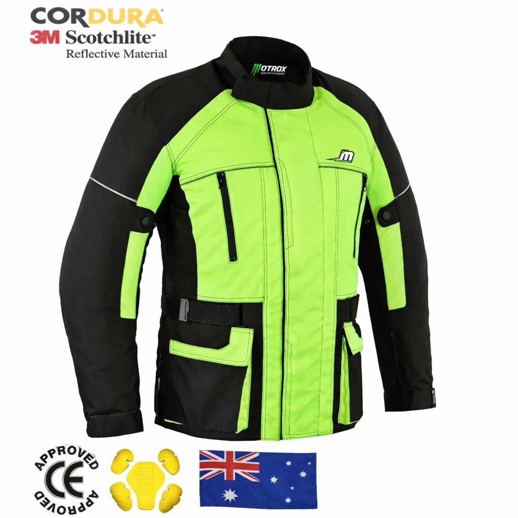 Black and green motorcycle jacket with visible branding on a white background