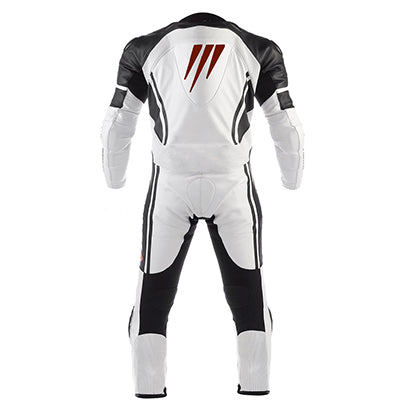 backside of leather race suit white black