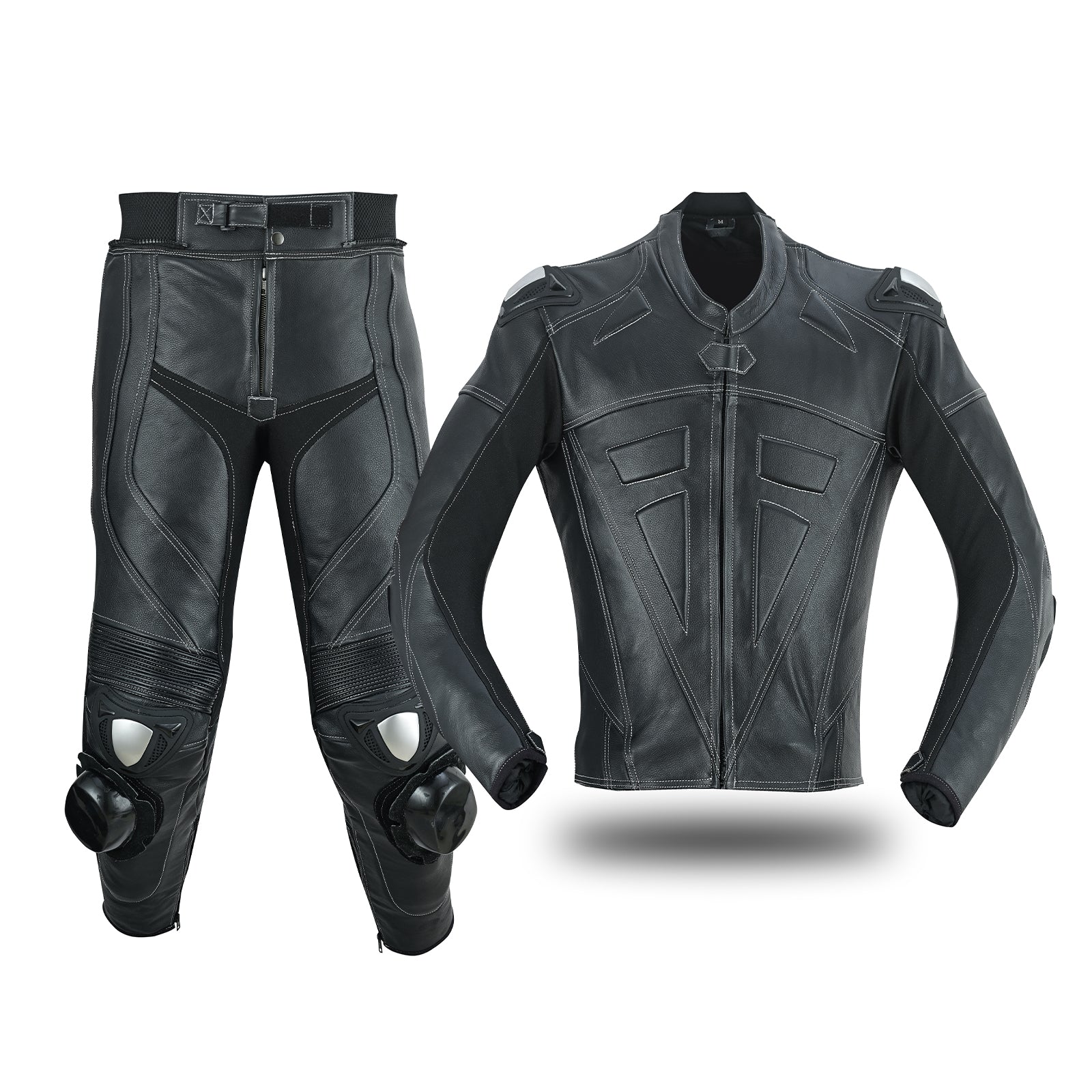 Motrox mens 2 piece leather Motorbike racing suit in jet black colour 