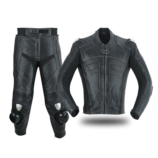 Motrox mens 2 piece leather Motorbike racing suit in jet black colour 