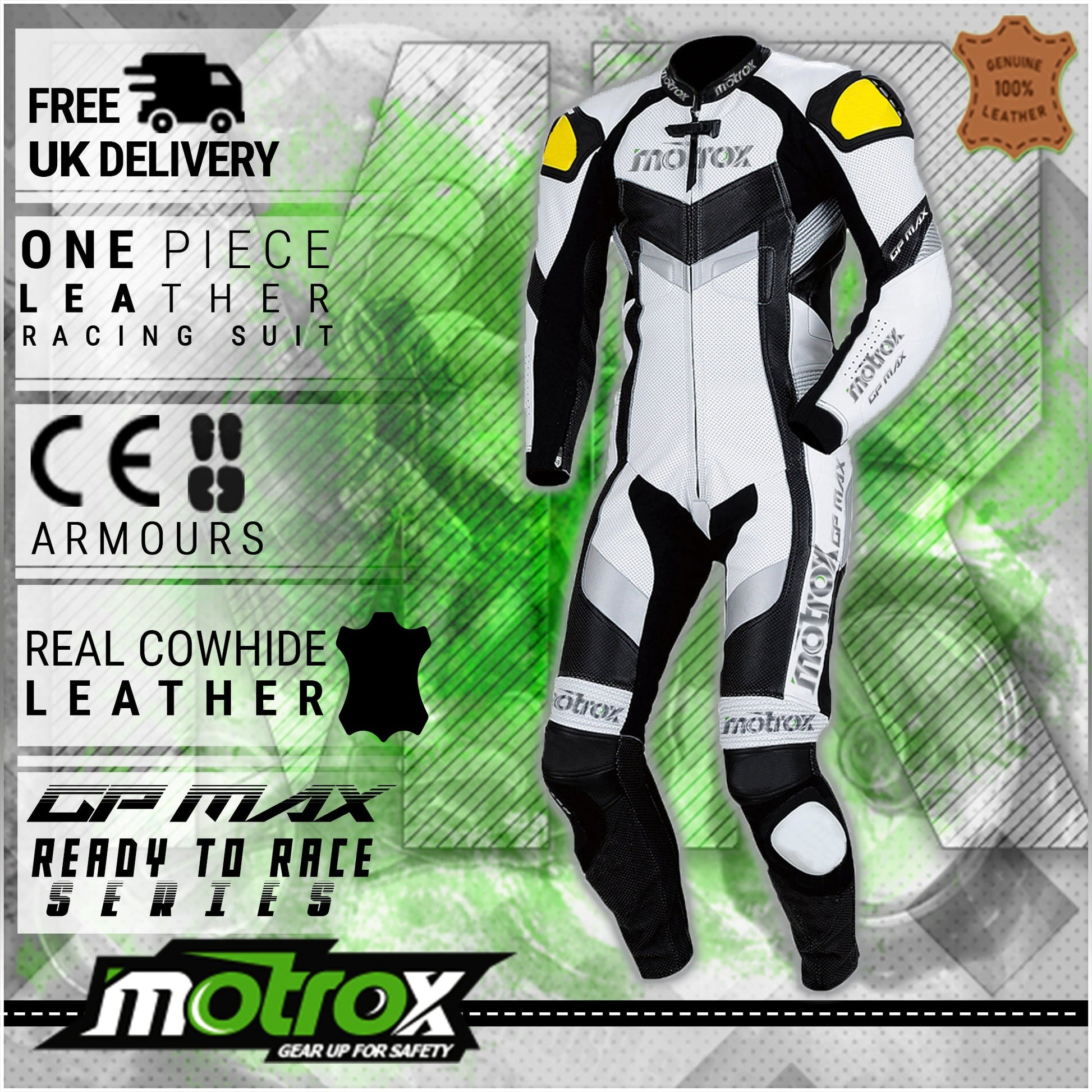 Black and white MotoGP Racing Suit Motrox GP Max 
