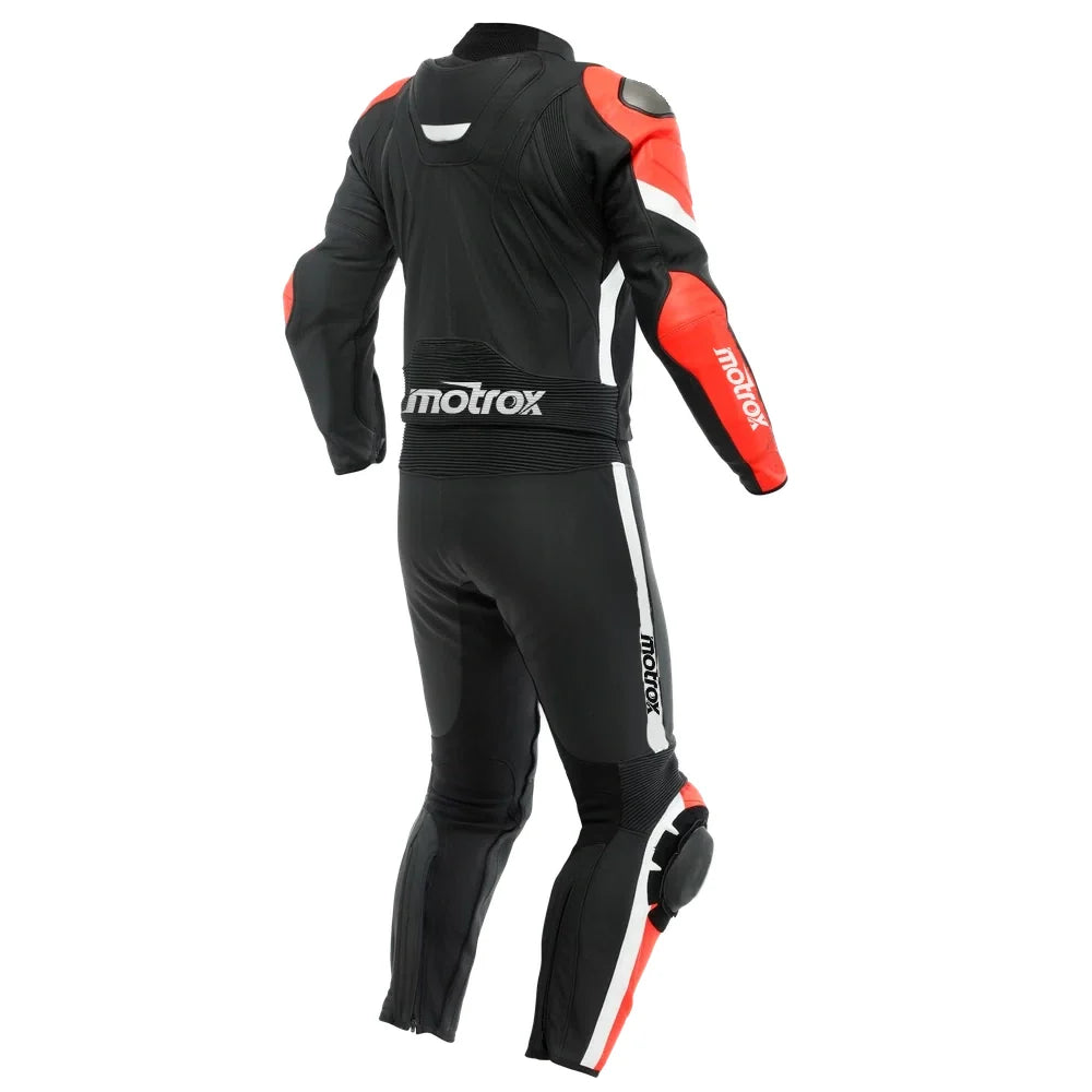 Backside of Motrox mens leather motorcycle racing suit in black & red colour