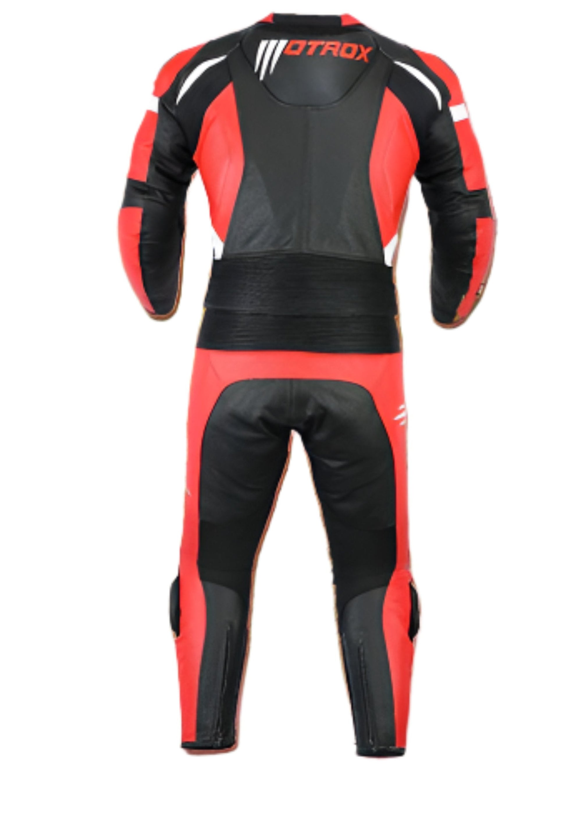 Backside Red & Black leather motorcycle suit for men.