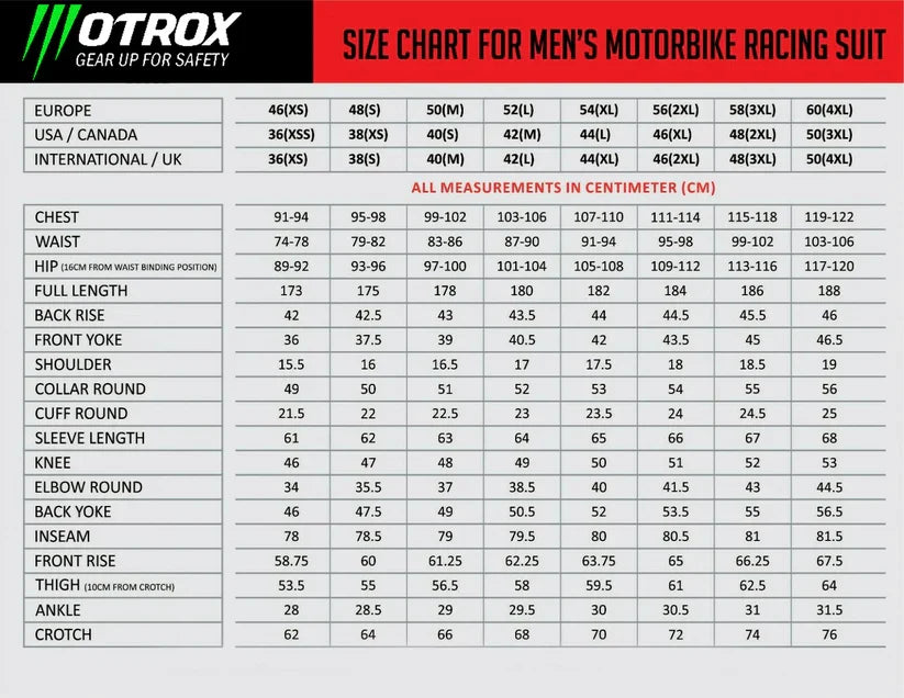 Size guide chart for Men's One-Piece Leather Race Suit – Misano showing chest, waist, hip and height measurements