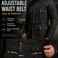 A dark brown motorcycle jacket with an adjustable belt, shown on a model with informational text and a close-up inset demonstrating how to tighten or loosen the belt.