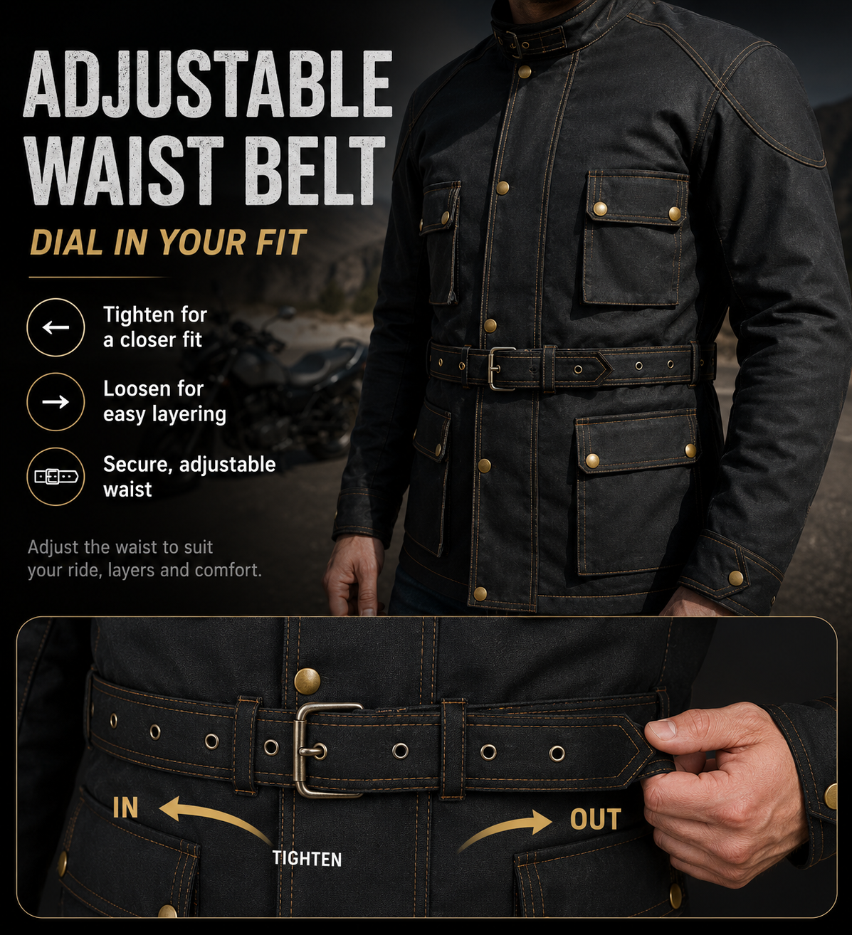 A dark brown motorcycle jacket with an adjustable belt, shown on a model with informational text and a close-up inset demonstrating how to tighten or loosen the belt.