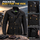 Black motorcycle jacket with gold-toned snap pockets and a belt buckle, shown on a rocky outdoor surface with a motorcycle and mountain backdrop. Callout panels on the right detail chest pockets, cargo pockets, and an internal pocket, with text including 'POCKETS.