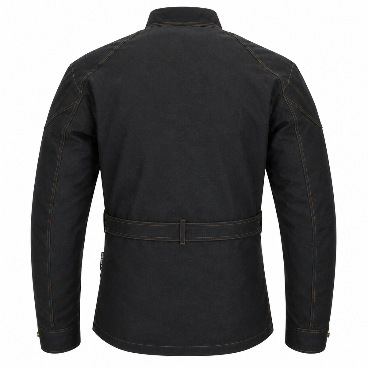 A black long-sleeve jacket with a belted waist and contrast stitching, shown from the back on a white background.