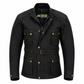A black Motox motorcycle jacket with gold-toned snap buttons, contrast stitching, and a matching belt, shown on a plain white background.