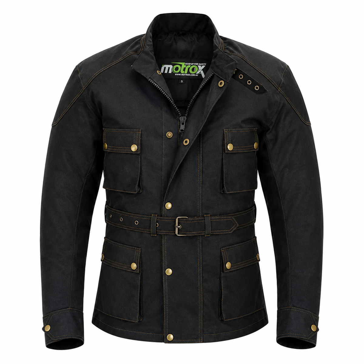 A black Motox motorcycle jacket with gold-toned snap buttons, contrast stitching, and a matching belt, shown on a plain white background.
