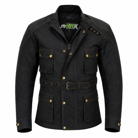 A black Motox motorcycle jacket with gold-toned snap buttons, contrast stitching, and a matching belt, shown on a plain white background.