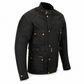 A black waxed canvas motorcycle jacket with brass buttons, contrast stitching, and a matching waist belt, shown on a white background.