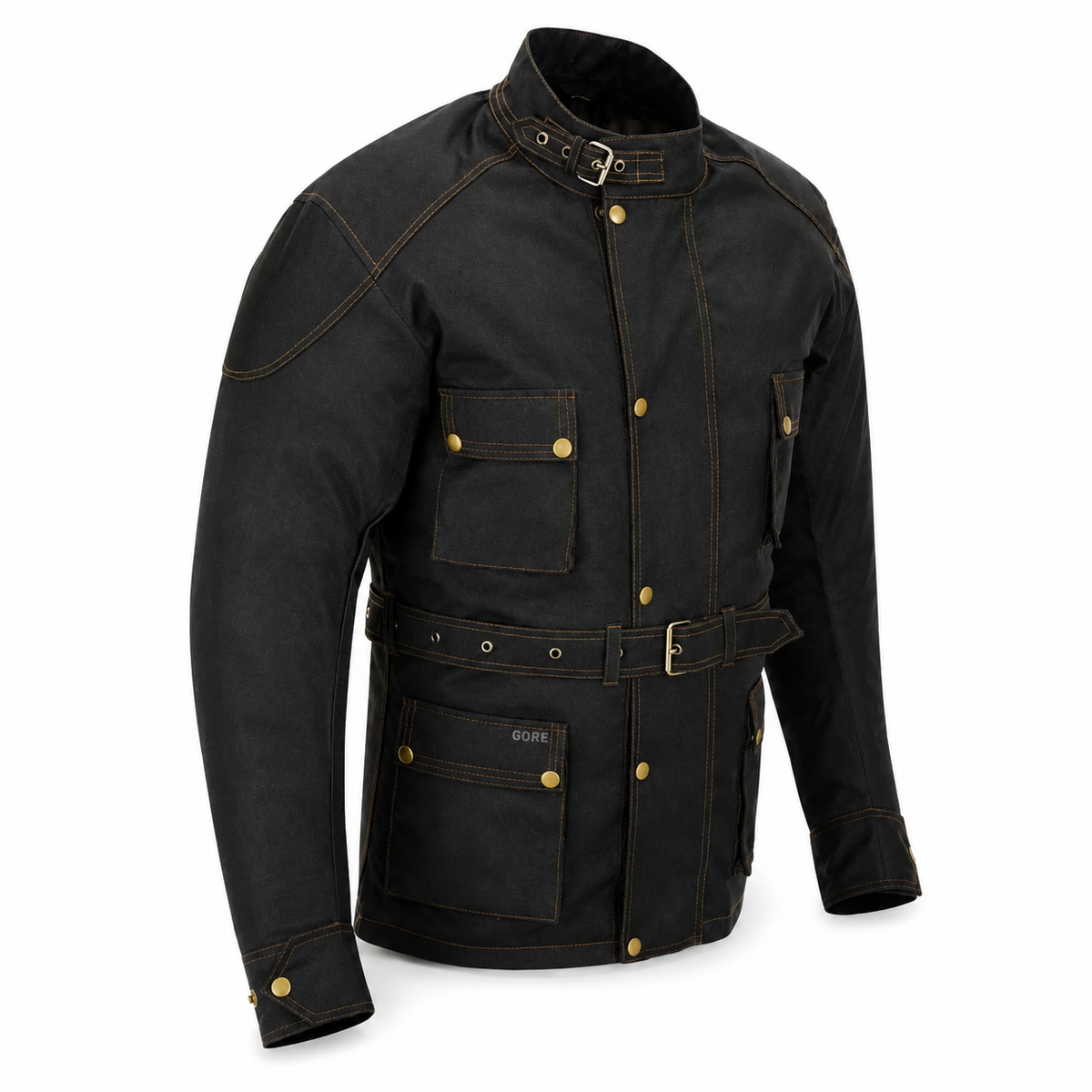 A black waxed canvas motorcycle jacket with brass buttons, contrast stitching, and a matching waist belt, shown on a white background.