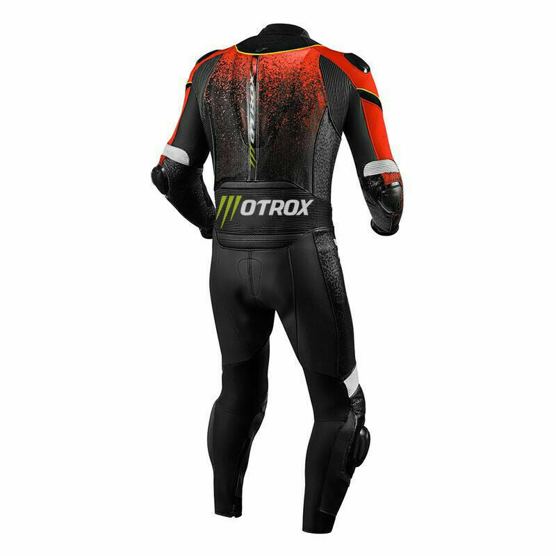 Backside of motorbike leather suit
red and black