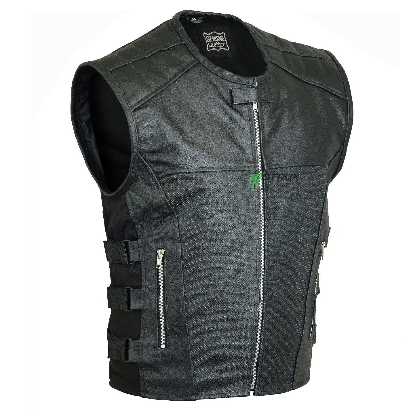 Black mens leather vest for motorcycle racing