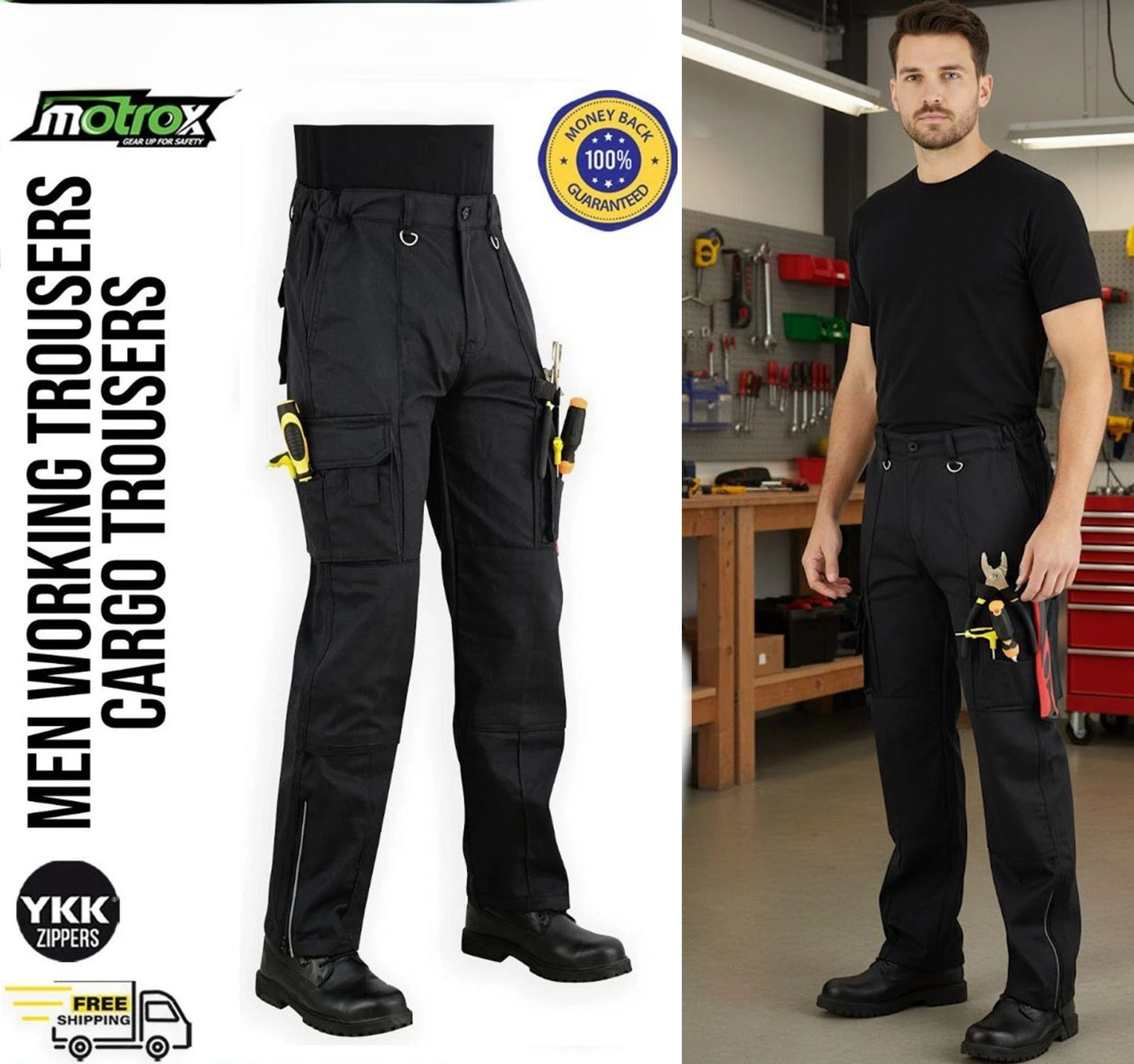 Men's Black Cargo Work Trousers Knee Pad Pockets | Motrox Australia