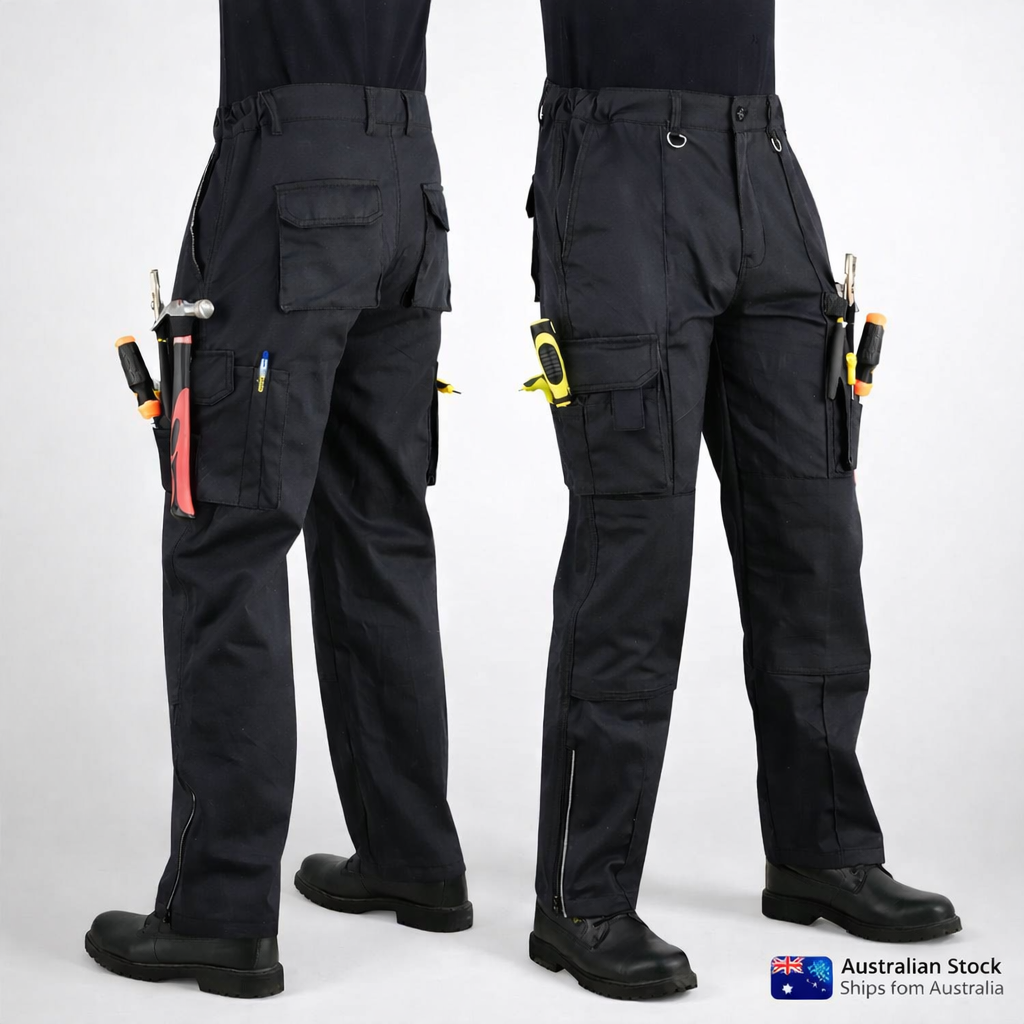 Men's Black Cargo Work Trousers Knee Pad Pockets | Motrox Australia